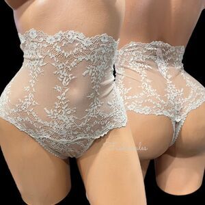 Victorias Secret High-waist Floral Mesh Lace Thong Panty Beige Small
